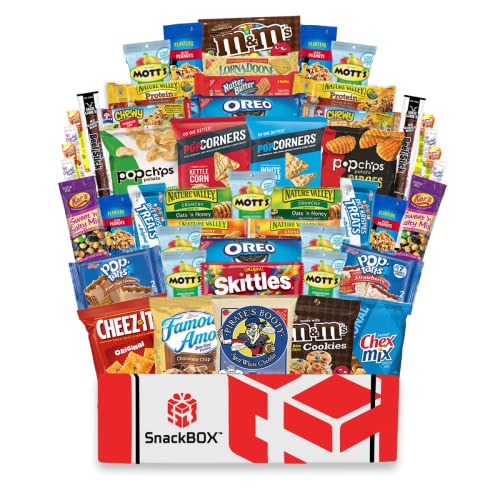 SnackBOX Snacks BOX Care Package (50 Count) Back To School College Variety Pack Candy Treats Gift Baskets Guys Girls Adults Kids Grandkids Men Women Food Sampler Student Birthday Cookies Chips Finals Snack Packs Office Military and Gift Ideas