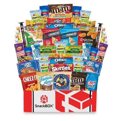SnackBOX Snacks BOX Care Package (50 Count) Back To School College Variety Pack Candy Treats Gift Baskets Guys Girls Adults Kids Grandkids Men Women Food Sampler Student Birthday Cookies Chips Finals Snack Packs Office Military and Gift Ideas