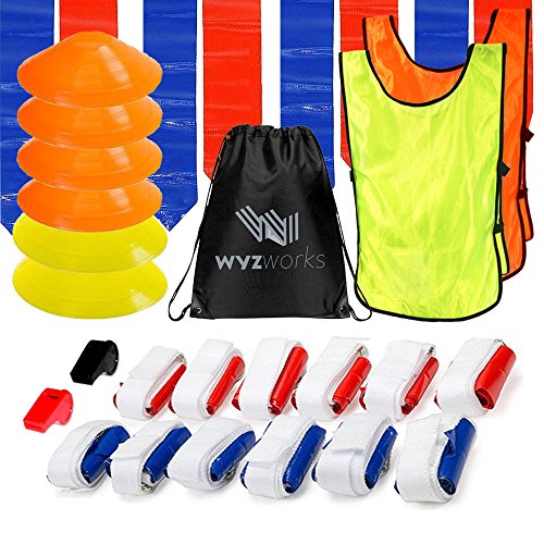 WYZworks - 12 Player Adjustable Football Flag Kit Set with D-Ring Closure – 36 pieces (18 Red and 18 Blue Flags) + 6 Cones + 2 Whistle + 2 Vest + Travel Bag - Kids and Adults Sports Equipment