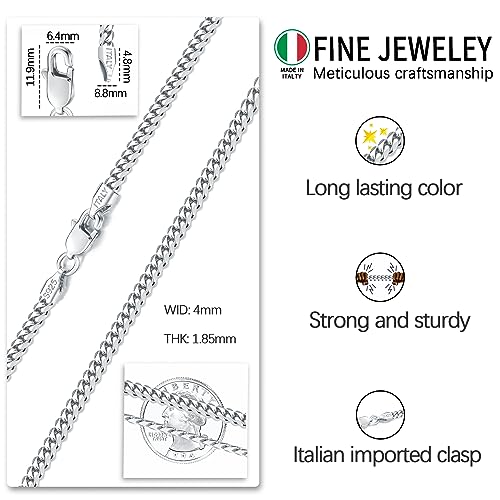 Eterjew Italian Solid 925 Sterling Silver Chain Necklace for Men Boys Women, 4mm Cuban Link Chain for Men, Sturdy & Comfortable & Shiny 20 Inch