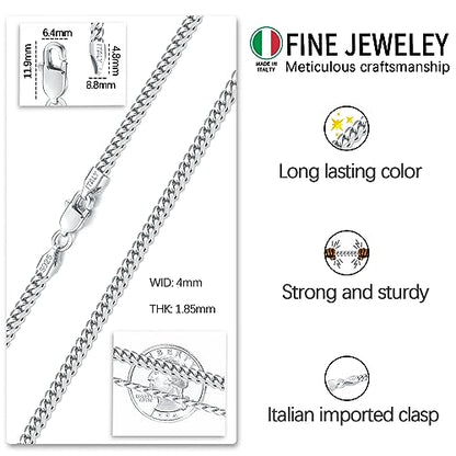 Eterjew Italian Solid 925 Sterling Silver Chain Necklace for Men Boys Women, 4mm Cuban Link Chain for Men, Sturdy & Comfortable & Shiny 20 Inch