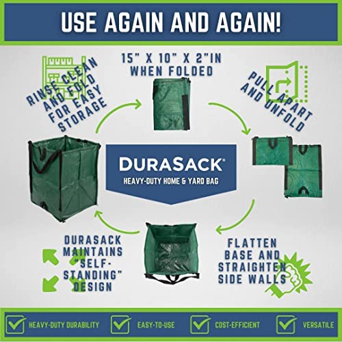 DURASACK Heavy Duty Home and Yard Waste Bag 48-Gallon Woven Polypropylene, Reusable Lawn and Leaf Garden Bag with Reinforced Carry Handles, Pop-Up Self-Standing Garbage Can, Green, Pack of 3