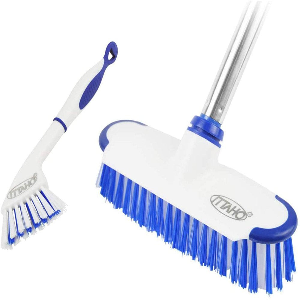 ITTAHO Floor Scrub Brush with Long Stainless Steel Handle Extension+Small Deep Cleaning Brush