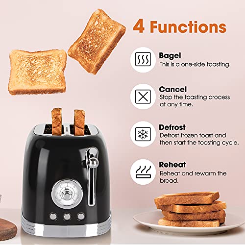 CROWNFUL 2-Slice Toaster, Extra Wide Slots Toaster, Retro Stainless Steel with Bagel, Cancel, Defrost, Reheat Function and 6-Shade Settings, Removal Crumb Tray, Black