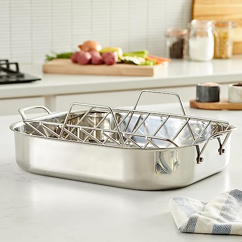 Amazon Basics Stainless Steel Rectangular Roasting Pan with Rack, 16-Inch