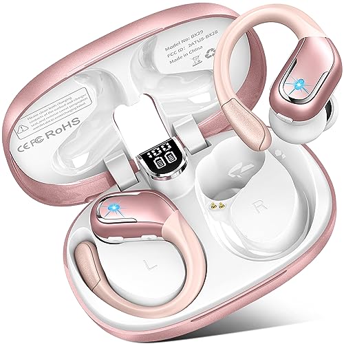 Wireless Bluetooth Earbud Sport, Bluetooth 5.3 Headphones with Noise Cancelling Mic, 90H HiFi Stereo Over Ear Earbud with LED Display and USB-C, IP7 Waterproof Earphones, Button Control, Rose Gold