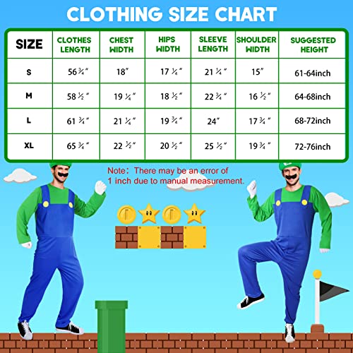 HEYFIZZ Super Brother Mario Costume for Adults-Mario and Luigi Costume for Men Halloween Cosplay Jumpsuit with Accessory (Green, L)