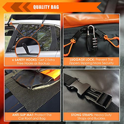 MeeFar Car Roof Bag XBEEK Rooftop top Cargo Carrier Bag Waterproof 15 Cubic feet for All Cars with/Without Rack, Includes Anti-Slip Mat, 8 Reinforced Straps, 6 Door Hooks, Luggage Lock