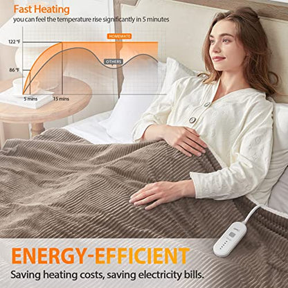 Homemate Heated Blanket Electric Throw - 50"x60" Heating Blanket Throw 1/2/4/6/8 Hours Auto-Off 10 Heat Levels Heat Blanket Over-Heat Protection Soft Flannel Sherpa Heater Blanket ETL Certification