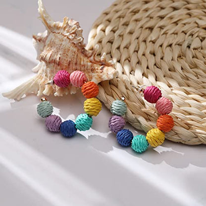 stainless steel Rattan Earrings Summer Boho Raffia Ball Hoop Dangle Earrings for Women Girls Lightweight Straw Wicker Statement Earrings Bohemian Beach Earrings Jewelry Gifts (Colorful)