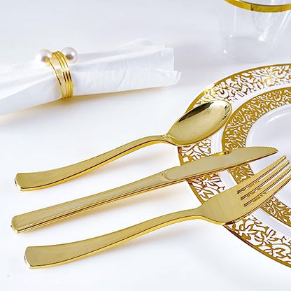 150 Count Gold Dinnerware Set, Elegant Plastic Plates Disposable Include: 25 Gold Lace Plastic Plates, 25 Dessert Plates, 25 Forks, 25 Knives, 25 Spoons, 25 Cup, Ideal for Party, Birthday