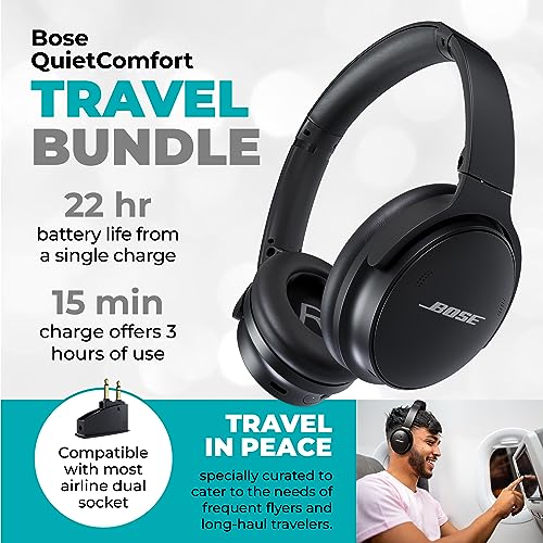 Bose QuietComfort 45 Headphones Bundle with QC15 Airplane Jack Adapter, Audio Cable, Cloth - Bluetooth Wireless Noise Canceling Headphones, Over Ear Headphones Bose Noise Cancelling Headphones (Black)