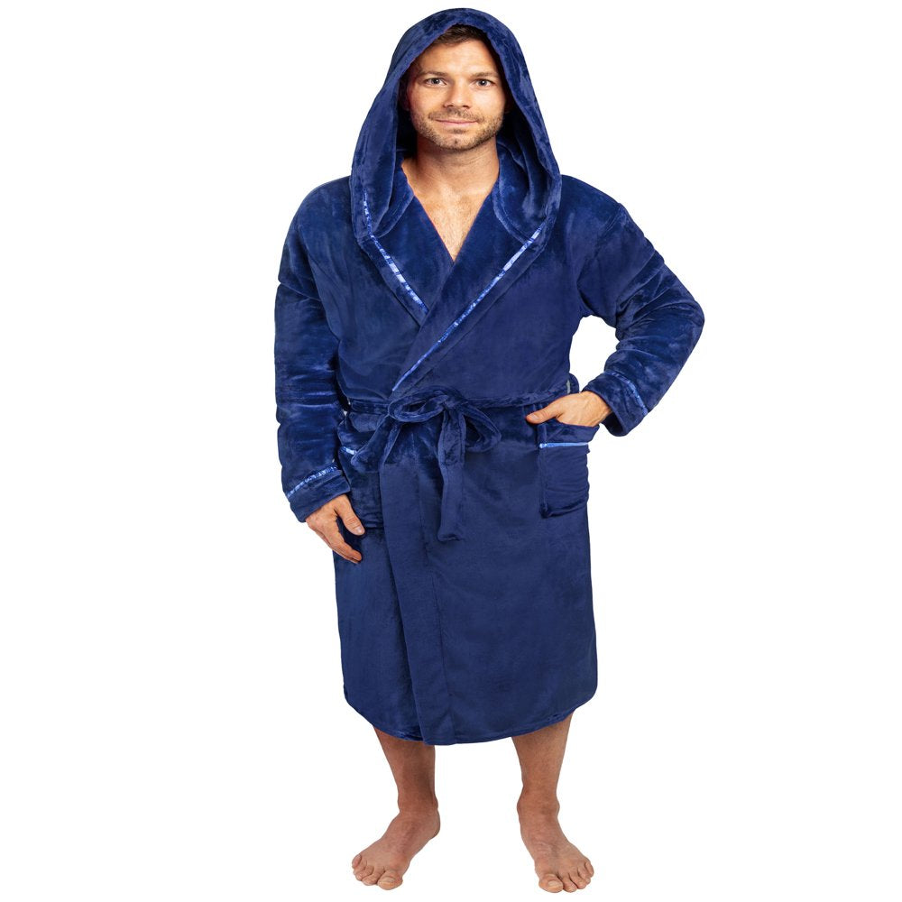 PAVILIA Mens Robe, Hooded Soft Robe for Men, Warm Bathrobe with Hood for Bath Shower Spa with Shawl Collar, Pockets, Satin Trim, Plush Fleece - Black