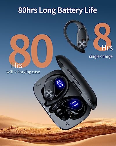 Bluetooth Headphones Wireless Earbuds 80hrs Playtime Charging Case Digital Display Sports Ear buds with Earhook Premium Deep Bass IPX7 Waterproof Over-Ear Earphones for TV Phone Laptop Black