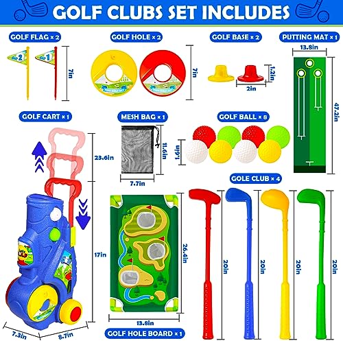 GMAOPHY Golf Club Set for Kids, Indoor Outdoor Sports Toys for Boys Girls Ages 2 3 4 5 6 Year Old, Kids Birthday, Toddler Golf Set with Golf Board, Putting Mat, 8 Balls, 4 Golf Clubs, Golf Cart