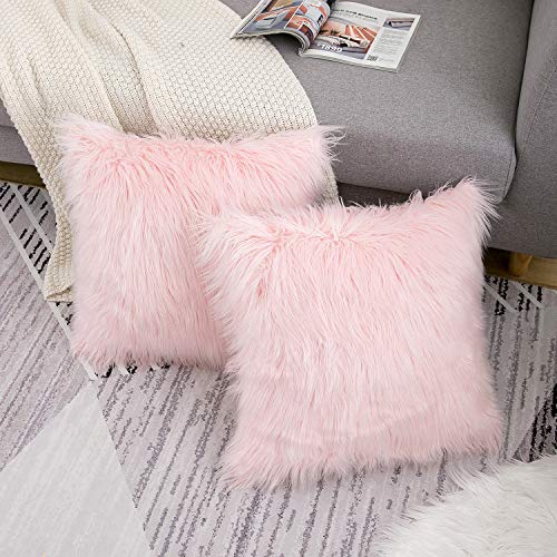 WLNUI Set of 2 Pink Fluffy Pillow Covers New Luxury Series Merino Style Blush Faux Fur Decorative Throw Pillow Covers Square Fuzzy Cushion Case 18x18 Inch