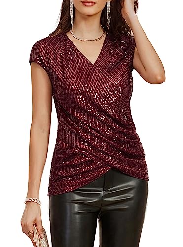 Sparkle Sequin Tops for Women Shimmer Glitter Club Party Cap Sleeve Wrap V-Neck Twist Front Tops Plus Size Wine Red XL