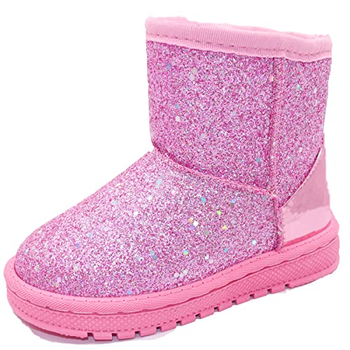 Elcssuy Girls Glitter Snow Boots Toddler/Little Girls Warm Winter Sequin Comfortable Sparkle Princess Ankle Boots Pink size 2