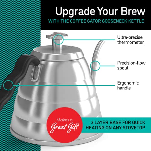 Coffee Gator Gooseneck Kettle with Thermometer, 34 oz Stainless Steel, Stove Top, Premium Pour Over Kettle for Tea and Coffee w/Precision Drip Spout, 4 Cup