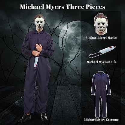 Michael Myers Costume with Blood Knife Halloween Cosplay Michael Myers Jumpsuit for Adult Perfect Match Michael Myers Mask (Large)