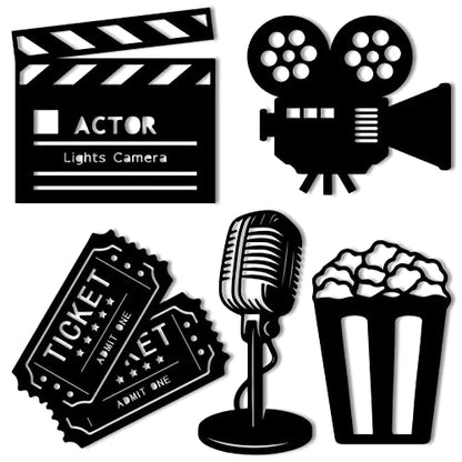 5 Pieces Movie Theater Decor Wooden Home Theater Room Decor Cinema Wall Art Movie Reel Theater Action Popcorn Ticket Sign Movie Night Decor Theme Party Decorations for Home Bedroom Office Studio