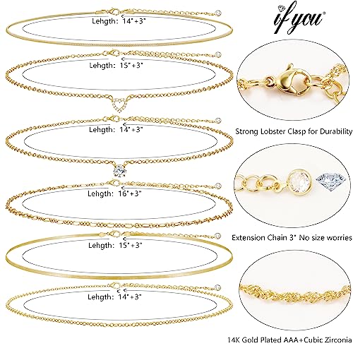 iF YOU 6 Pcs Gold Chokers Necklace Set for Women Girls, 14k Gold Plated CZ Pendant Necklace, Trendy Dainty Snake Chain Layered Necklaces for Jewelry Gifts