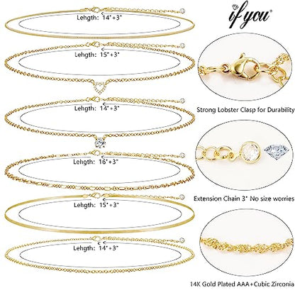 iF YOU 6 Pcs Gold Chokers Necklace Set for Women Girls, 14k Gold Plated CZ Pendant Necklace, Trendy Dainty Snake Chain Layered Necklaces for Jewelry Gifts