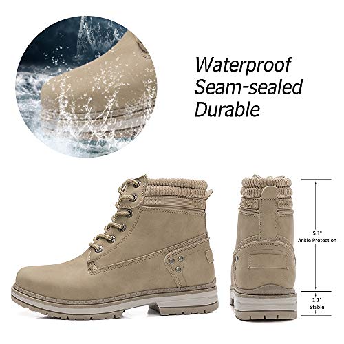 Athlefit Women's Work Waterproof Hiking Combat Boots Lace up Low Heel Booties Ankle Boots size 8 Khaki