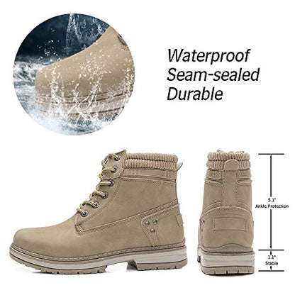 Athlefit Women's Work Waterproof Hiking Combat Boots Lace up Low Heel Booties Ankle Boots size 8 Khaki