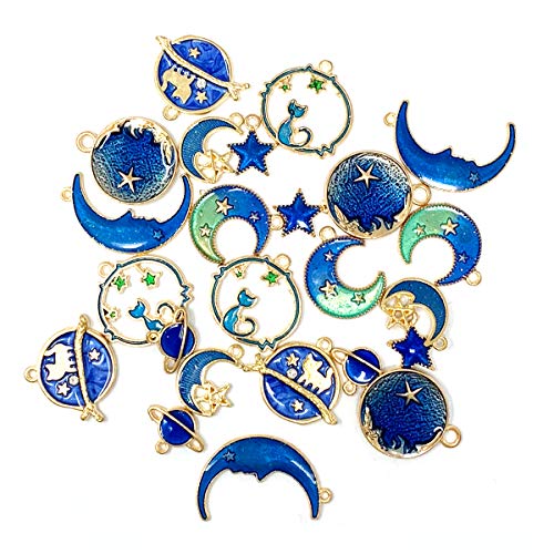 JIALEEY Assorted Gold Plated Enamel Cat Moon Star Celestial Charm Pendant DIY for Earrings Necklace Bracelet Jewelry Making and Crafting