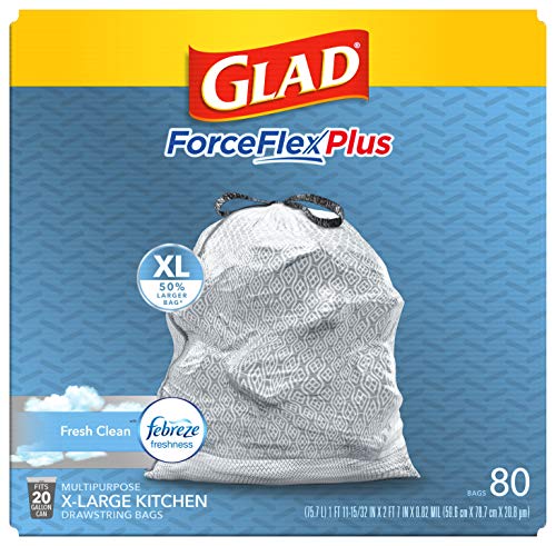 Glad ForceFlex MaxStrength X-Large Kitchen Drawstring Trash Bags, 20 Gallon, Fresh Clean Scent with Febreze Freshness, 80 Count