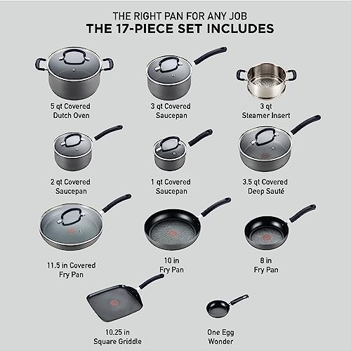 T-fal Ultimate Hard Anodized Nonstick Cookware Set 17 Piece Pots and Pans, Dishwasher Safe Black