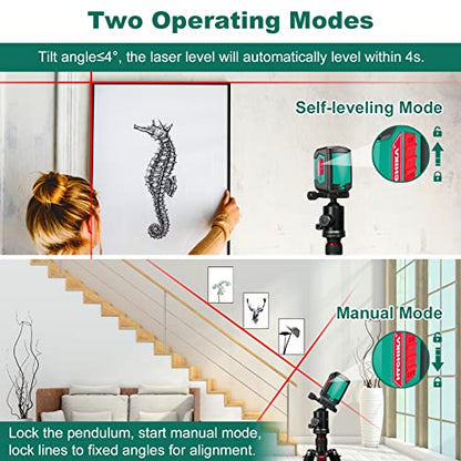 Laser Level, HYCHIKA 50 Feet Cross Line Laser with Dual Modules, Self Leveling Laser Level, Switchable Self-Leveling Vertical and Horizontal Line Construction Picture Hanging, Battery Included
