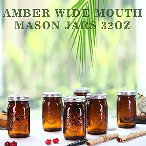 eleganttime Amber Glass Mason Jars 32 oz Wide Mouth with Airtight Lids and Bands 6 Pack Large Glass Canning Mason Jars Quart,Great for Canning Jar Pickle Fermenting Jam Jar