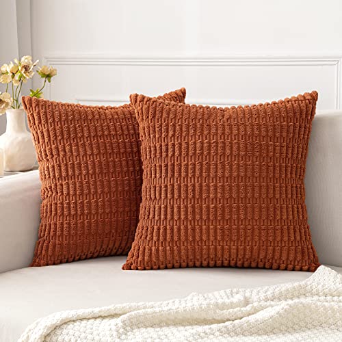 MIULEE Pack of 2 Corduroy Decorative Fall Throw Pillow Covers 18x18 Inch Soft Boho Striped Pillow Covers Modern Farmhouse Home Decor for Sofa Living Room Couch Bed Rust