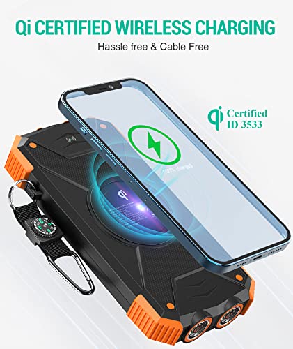 BLAVOR Solar Charger Power Bank, Qi Wireless Charger 10,000mAh External Battery Pack Type C Input Output Dual Super Bright Flashlight, Compass Carabiner, Solar Panel Charging (Orange)