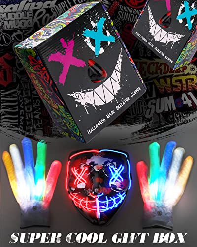 Halloween Mask, LED Light up Mask Skeleton Gloves Set, Halloween Costumes for Boys Girls, Scream Scary Mask