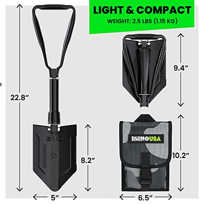 RHINO USA Folding Survival Shovel w/Pick - Heavy Duty Carbon Steel Military Style Entrenching Tool for Off Road, Camping, Gardening, Beach, Digging Dirt, Sand, Mud & Snow.