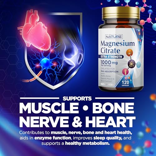 Magnesium Citrate 1000mg - Max Absorption & High Potency Magnesium Complex Supplement for Heart, Muscle, Nerve, Bone Health & Stress Relief - Non-GMO, Gluten-Free - 120 Vegan Capsules