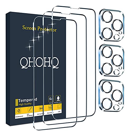 QHOHQ 3 Pack Screen Protector for iPhone 13 Pro Max 6.7" with 3 Pack Tempered Glass Camera Lens Protector, Ultra HD, 9H Hardness, Scratch Resistant, Easy Install - Case Friendly