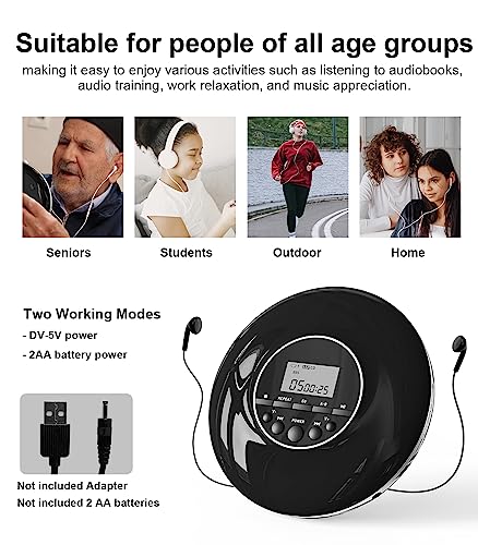 CD Player Portable,Compact CD Walkman Player with Headphones,Small Personal CD Players for Home/Travel with Non-Slip and Shockproof,Classic Discman Music Player Gift for Kids/Seniors-Black