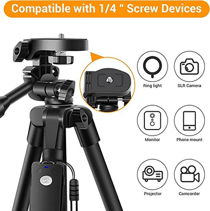 XXZU 60" Camera Tripod with Travel Bag,Cell Phone Tripod with Remote,Professional Aluminum Portable Tripod Stand with Phone Tripod Mount&1/4”Screw,Compatible with Phone/Camera/Projector/DSLR/SLR