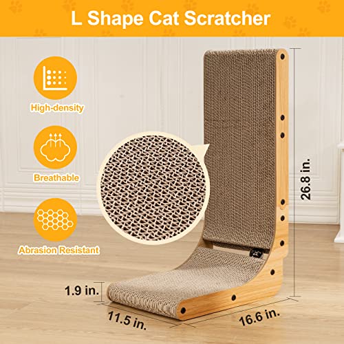 L Shape Cat Scratcher, Poils bebe Cat Scratchers for Indoor Cats, Protecting Furniture Cat Scratch Pad, Cardboard Cat Scratching with Ball Toy, Catnip, 26.8 inches, Large