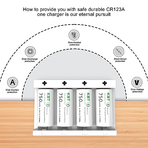 KBT 8-Pack 3.7V 750mAh CR123A Lithium Rechargeable Battery, 2A Fast Smart Charger for Flashlight, Headlamp, Arlo Camera