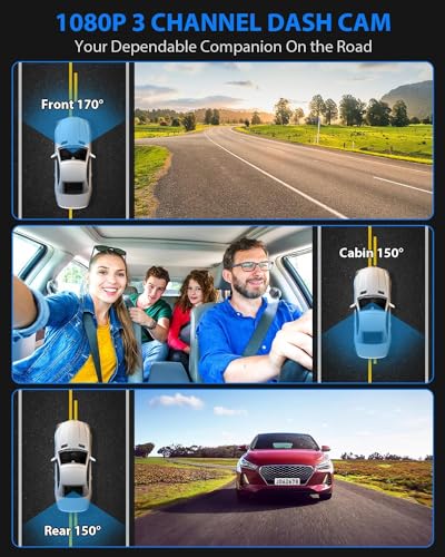 SUVCON Dash Cam, 3 Channel Dash Cam, 1080P Dash Cam Front and Inside, Triple Dash Cam, Dash Camera with 32GB Card, HDR, G-Sensor, 24Hr Parking, Loop Recording