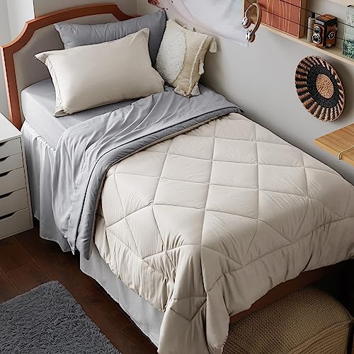 Bedsure Beige Twin XL Comforter Sets - 5 Pieces Reversible Twin XL Bedding Sets, Bed Sets Comforters, Sheets, Pillowcase & Sham, Grey XL Twin Bed in a Bag for College