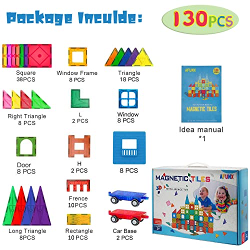 AFUNX 130 PCS Magnetic Tiles Building Blocks 3D Clear Construction Playboards, Inspiration , Creativity Beyond Imagination, Educational Magnet Toy Set for Kids with 2 Cars