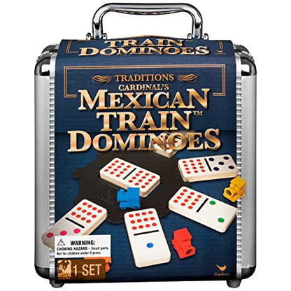 Mexican Train Dominoes Set Tile Board Game in Aluminum Carry Case with Colorful Trains for Family Game Night, for Adults and Kids Ages 8 and up