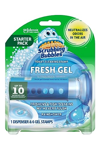 Scrubbing Bubbles Toilet Bowl Cleaning Gel Starter Kit, Includes Dispenser and Gel, Glade Rainshower Scent, 6 Stamps