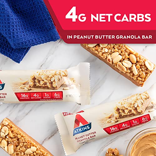 Atkins Peanut Butter Granola Protein Meal Bar, High Fiber, 16g Protein, 1g Sugar, 4g Net Carb, Meal Replacement, Keto Friendly, 12 Count